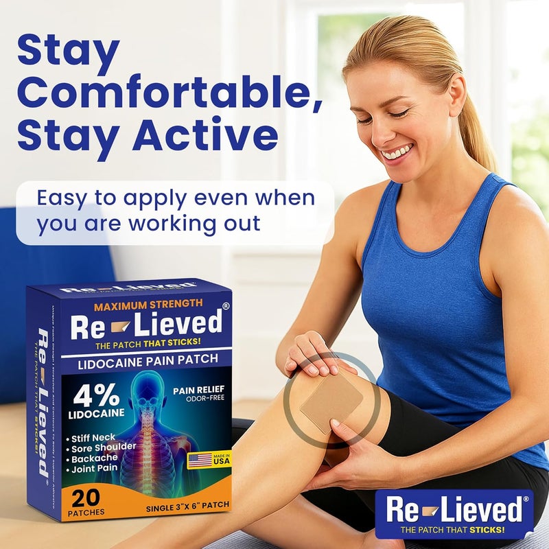 Relieved 4% Lidocaine Patches Maximum Strength - Aluminum-Free, Water Resistant and USA Made -Superior Sticking Pain Relief Patches Quickly Relieves Back, Joints and Muscle Pain-3x6 Inches (20 Count) - Image 5